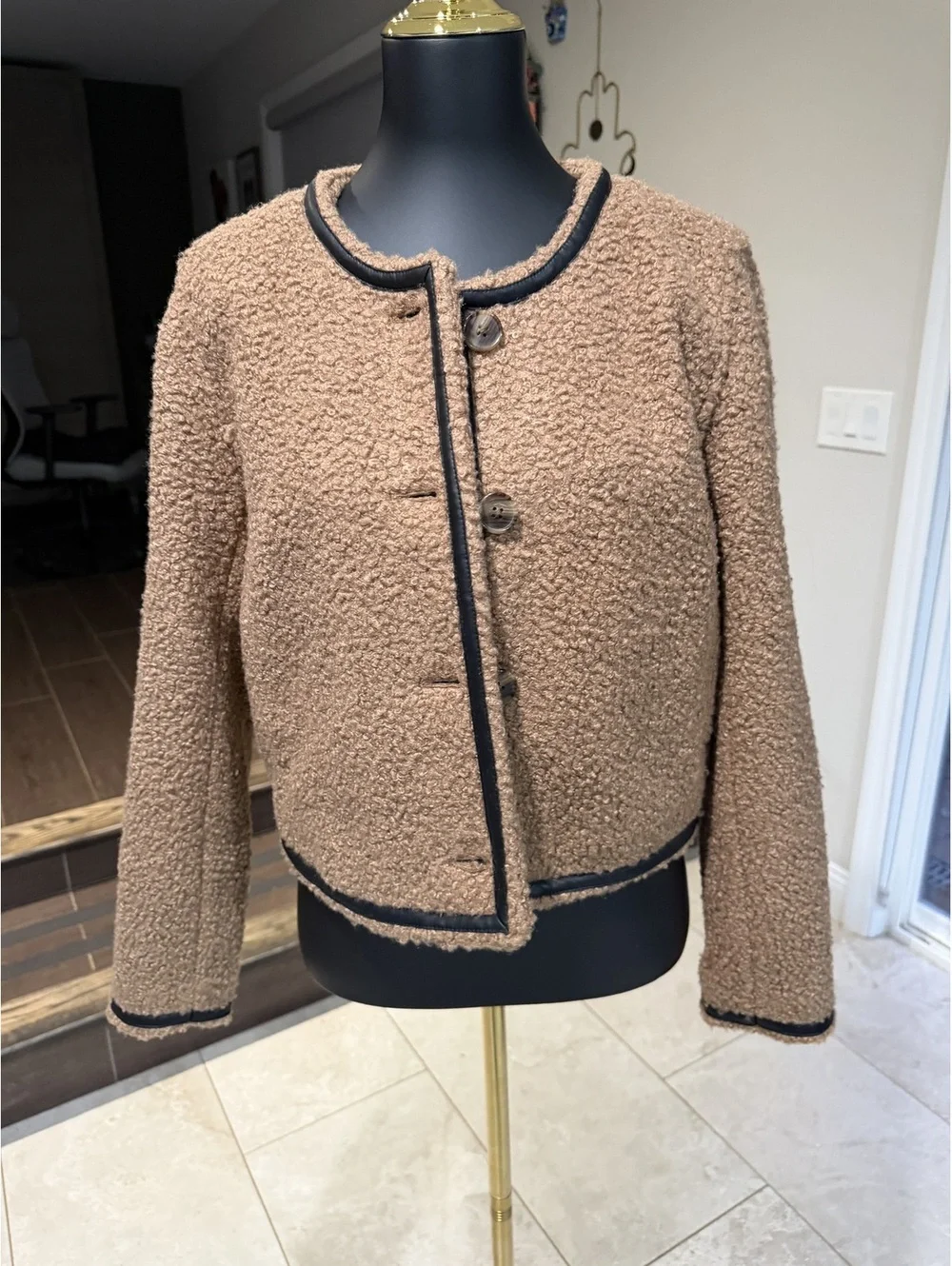 NWOT J Crew Camel Shearling brown Faux Leather trim jacket blazer 10